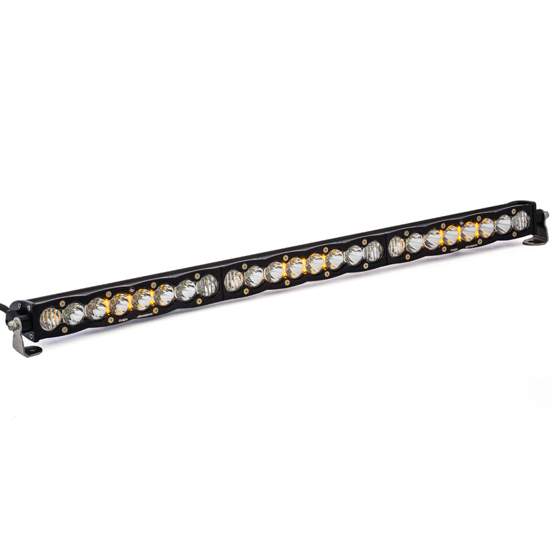 Baja Designs S8 Straight LED Light Bar, whole product on a studio background: black S8 LED light bar with clear lenses and amber accent LEDs on a white background