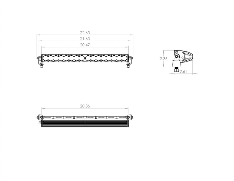 Baja Designs S8 Straight LED Light Bar: dimension line drawing of a 20" S8 light bar showing front, top and side views with measurements