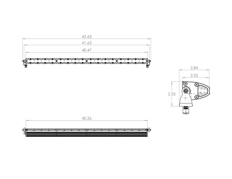 Baja Designs S8 Straight LED Light Bar: line drawing of a long S8 light bar with front, top and end views and dimensions