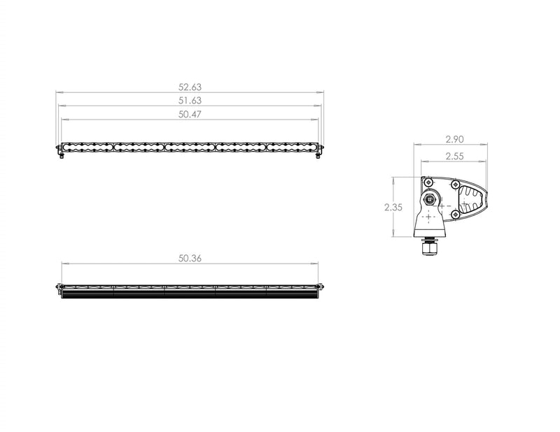 Baja Designs S8 Straight LED Light Bar: line drawing of a long S8 light bar with front, top and end views and dimensions