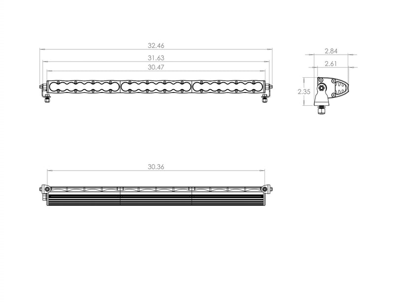 Baja Designs S8 Straight LED Light Bar: line drawing of a mid-length S8 light bar with front, top and end views and dimensions