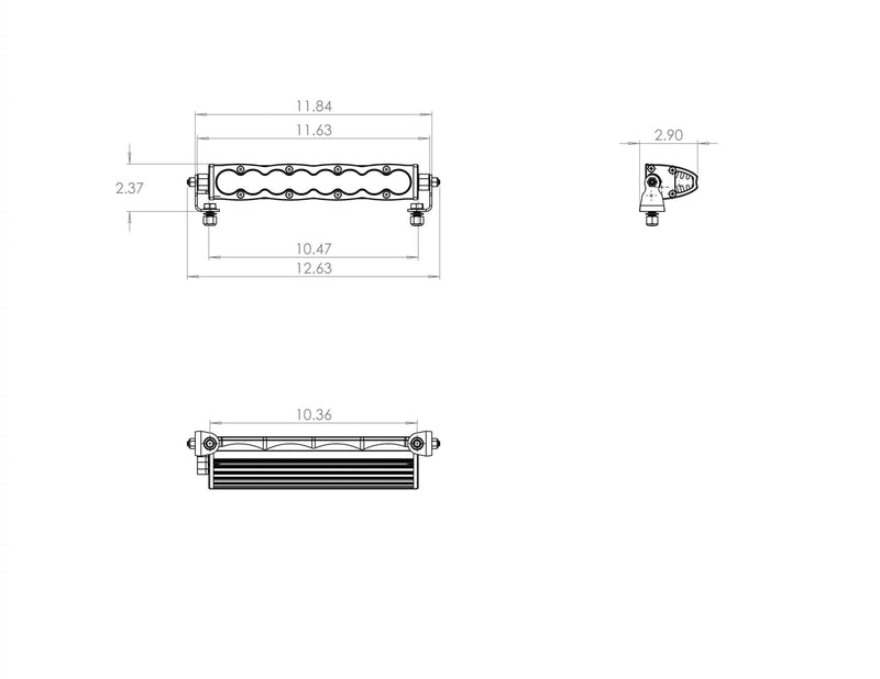 Baja Designs S8 Straight LED Light Bar: line drawing of a short S8 light bar with front, top and end views and dimensions