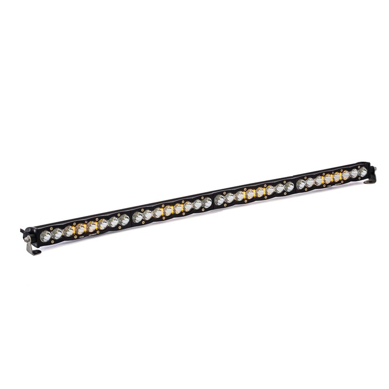 Baja Designs S8 Straight LED Light Bar, whole product on a studio background: long black S8 LED light bar with clear lenses and amber accent LEDs on a white background