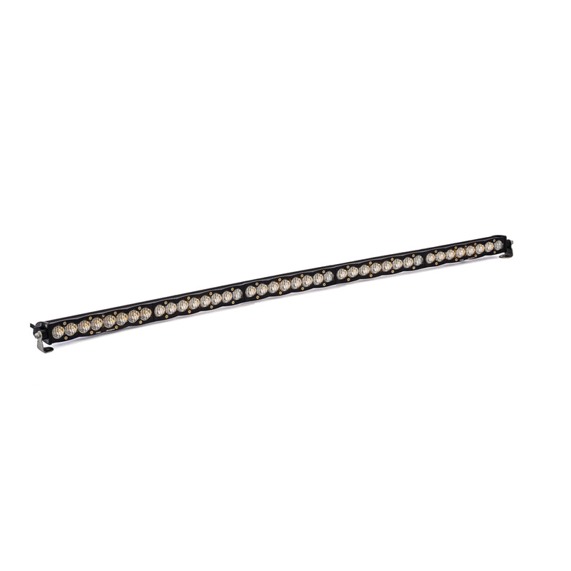 Baja Designs S8 Straight LED Light Bar, whole product on a studio background: very long black S8 LED light bar with clear lenses on a white background