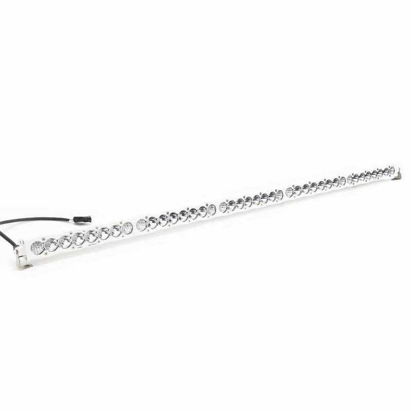 Baja Designs S8 White Straight LED Light Bar, whole product on a studio background: very long white housing S8 LED light bar with clear lenses and a pigtail connector on a white background