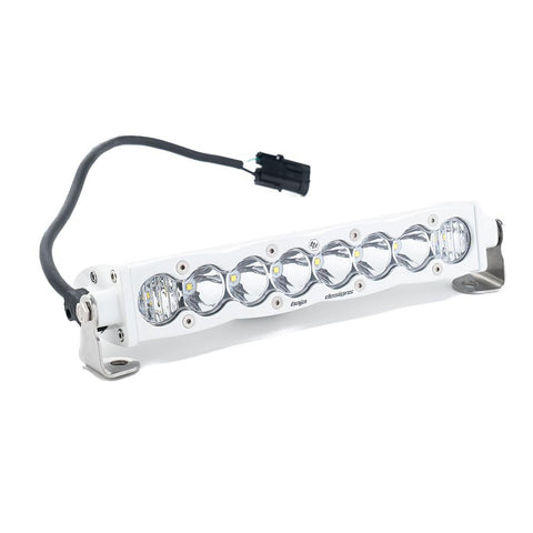 Baja Designs S8 White Straight LED Light Bar, whole product on a studio background: white housing 10" S8 LED light bar with clear lenses and a pigtail connector on a white background