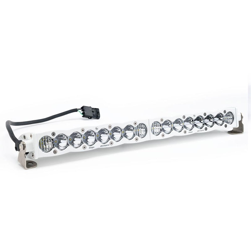 Baja Designs S8 White Straight LED Light Bar, whole product on a studio background: white housing S8 LED light bar with clear lenses, pigtail connector and mounting feet on a white background