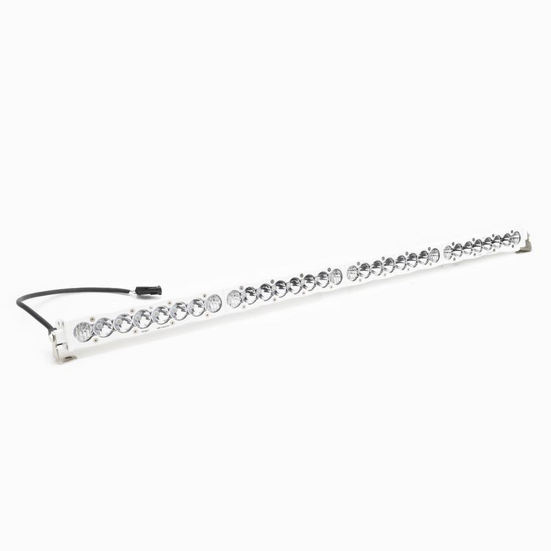 Baja Designs S8 White Straight LED Light Bar, whole product on a studio background: white housing S8 LED light bar with clear lenses and a pigtail connector on a white background