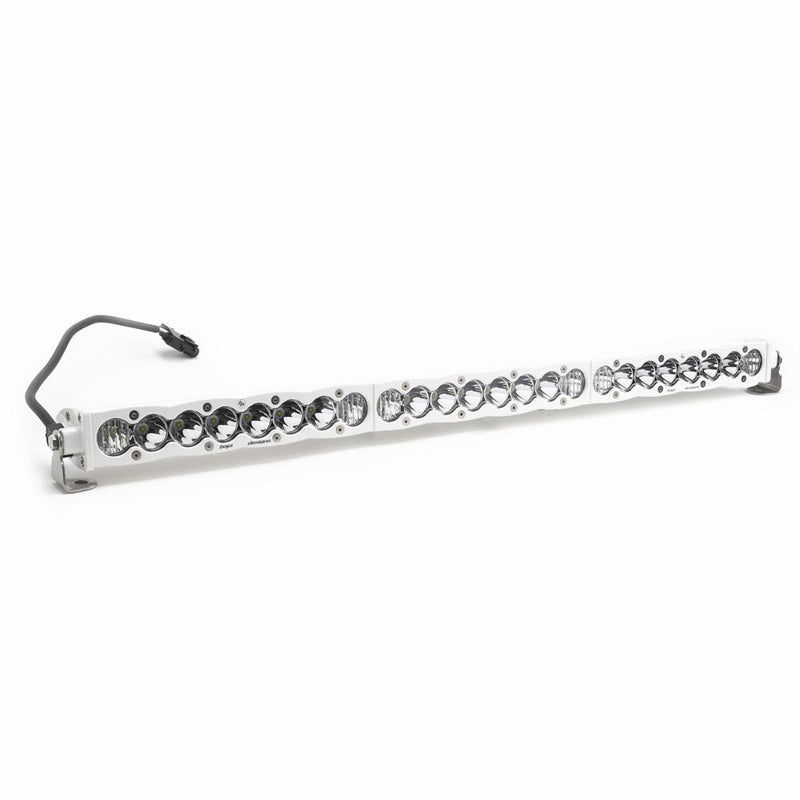 Baja Designs S8 White Straight LED Light Bar, whole product on a studio background: white housing S8 LED light bar with clear lenses and a pigtail lead on a white background