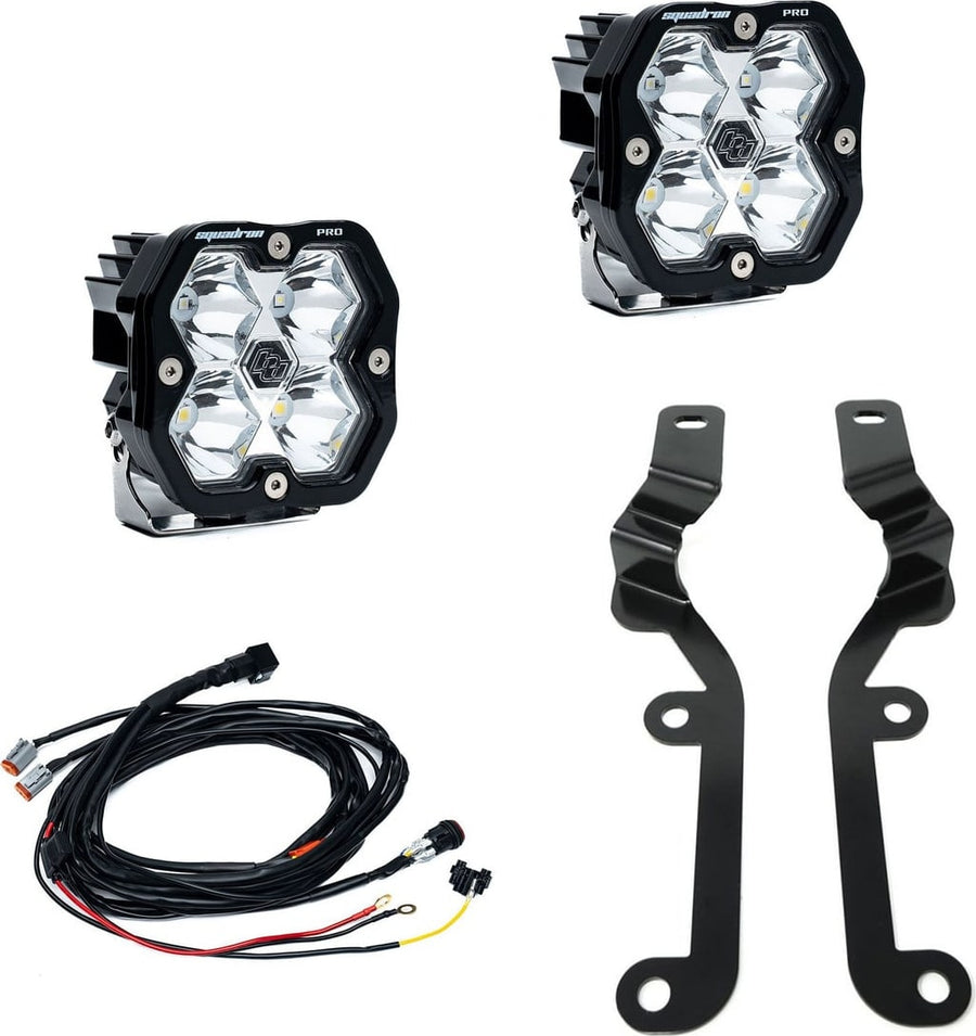 A-Pillar Light Kits by Baja Designs: A Squadron Pro A-pillar kit with two pods, two tall black brackets and a wiring harness on white.