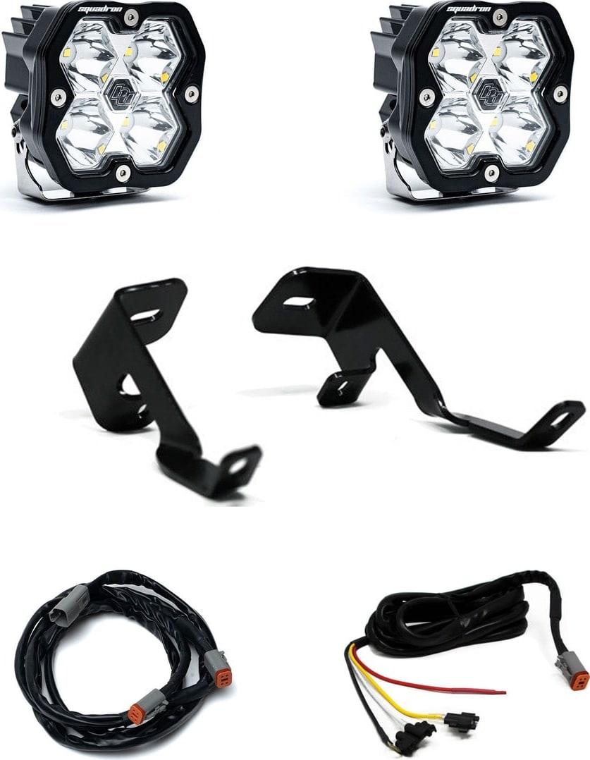 A-Pillar Light Kits by Baja Designs: Two Squadron Sport pods, two black A-pillar brackets and two harness sections on white.