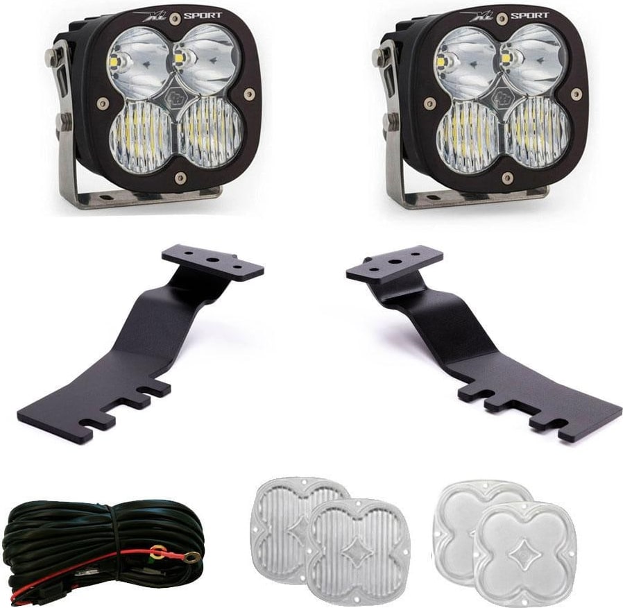 A-Pillar Light Kits by Baja Designs: An XL Sport A-pillar kit with two pods, black brackets, a harness and spare clear lens covers on white.