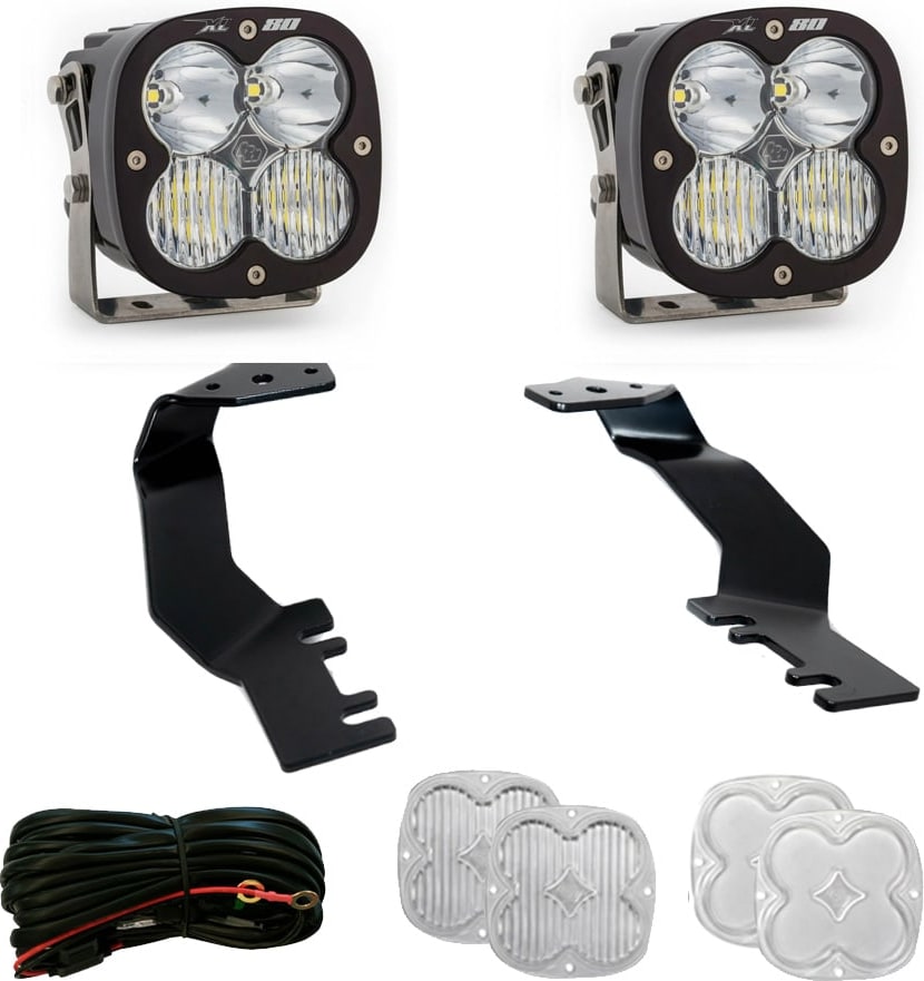 A-Pillar Light Kits by Baja Designs: A pair of Baja Designs XL80 LED pods with black A-pillar mounting brackets and wiring laid out on a white background.
