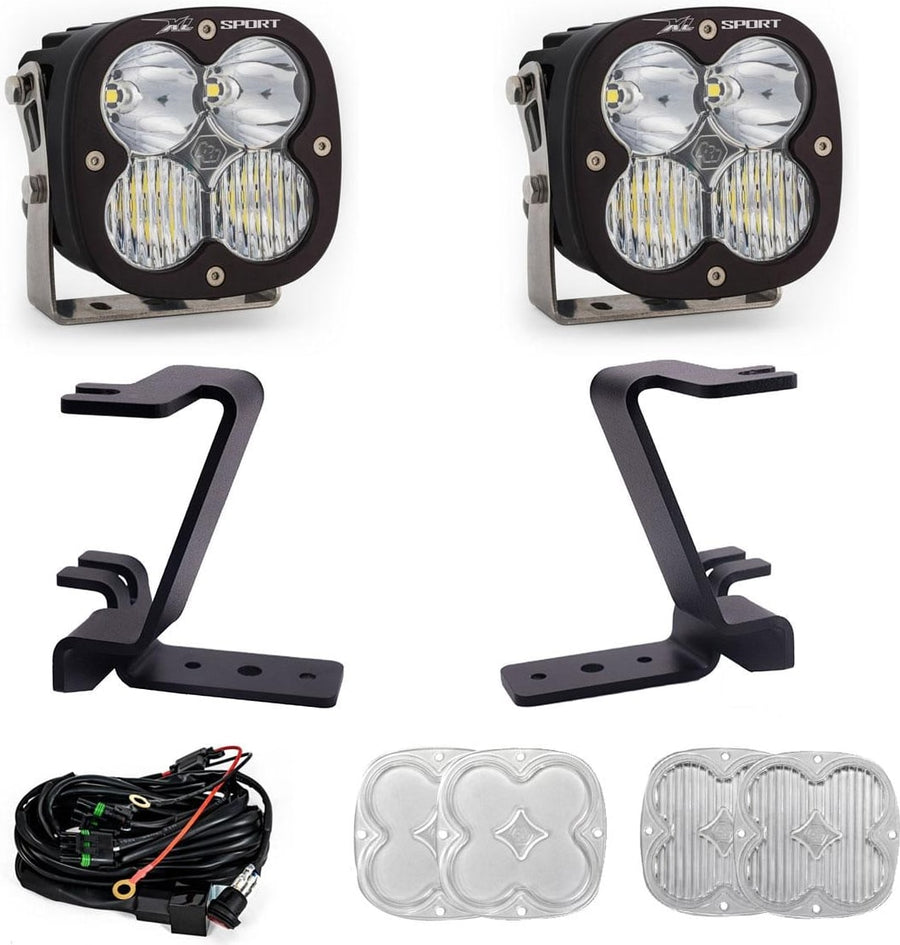 A-Pillar Light Kits by Baja Designs: A pair of Baja Designs XL Sport LED pods with black A-pillar mounting brackets and wiring laid out on a white background.