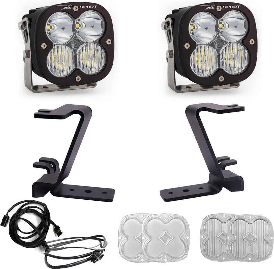 A-Pillar Light Kits by Baja Designs: A pair of Baja Designs XL Sport LED pods with black A-pillar mounting brackets and wiring laid out on a white background.