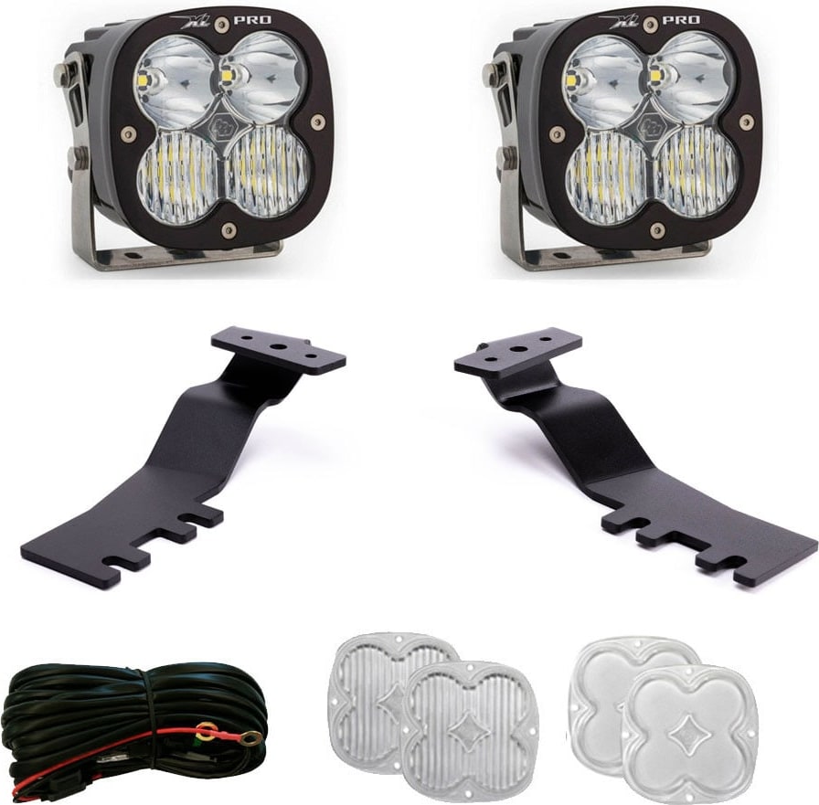 A-Pillar Light Kits by Baja Designs: A pair of XL Pro LED pods with two A-pillar brackets, a wiring harness and two clear lens covers on white.