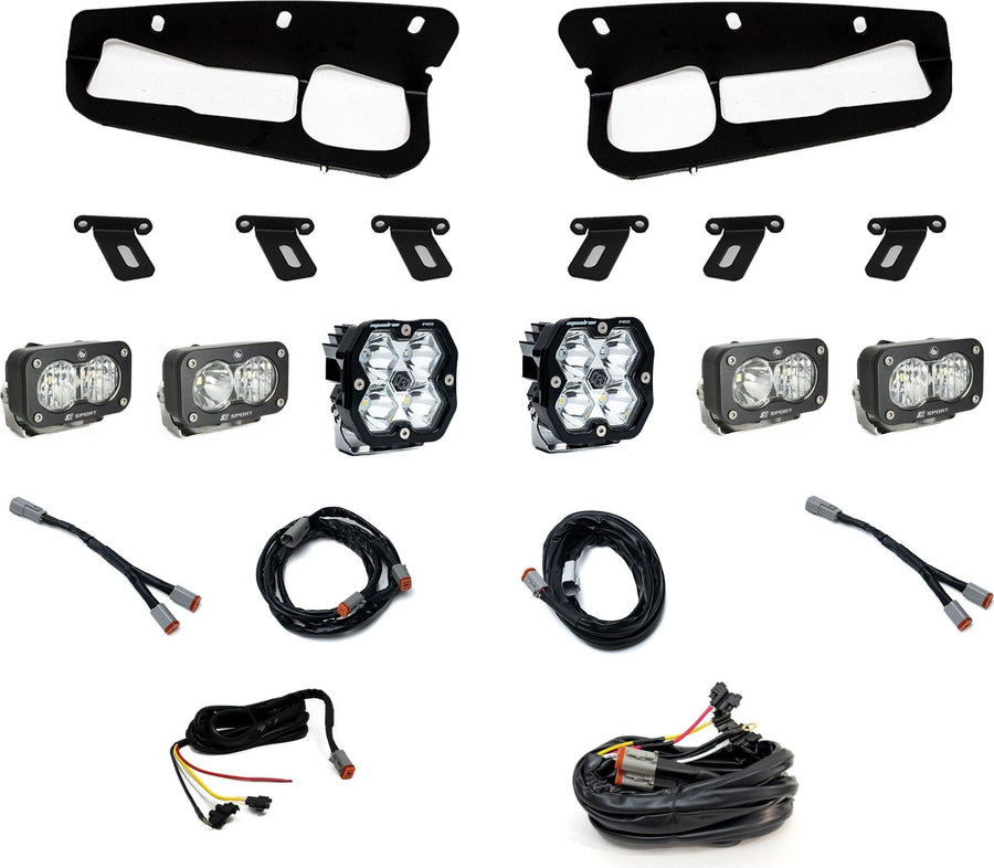 Fog Light Kits by Baja Designs: Fog pocket light kit on white with two black bezels, brackets, two Squadron pods, four S2 pods and wiring harnesses.