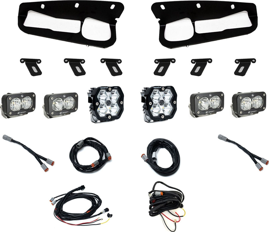 Fog Light Kits by Baja Designs: Fog pocket light kit on white with two black bezels, brackets, two Squadron pods, four S2 pods and wiring harnesses.