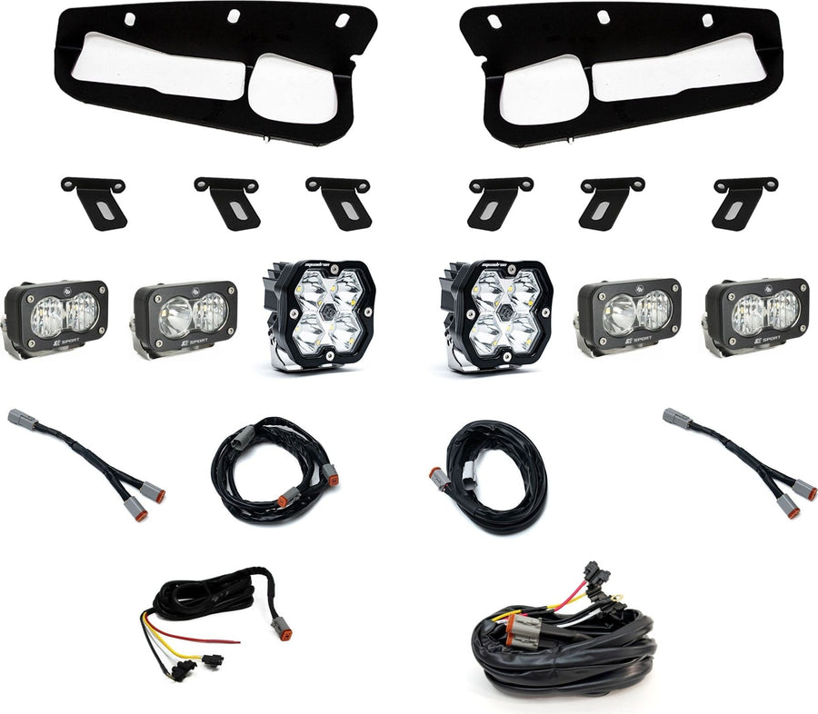 Fog Light Kits by Baja Designs: Fog pocket light kit on white with two black bezels, brackets, two Squadron pods, four S2 pods and wiring harnesses.