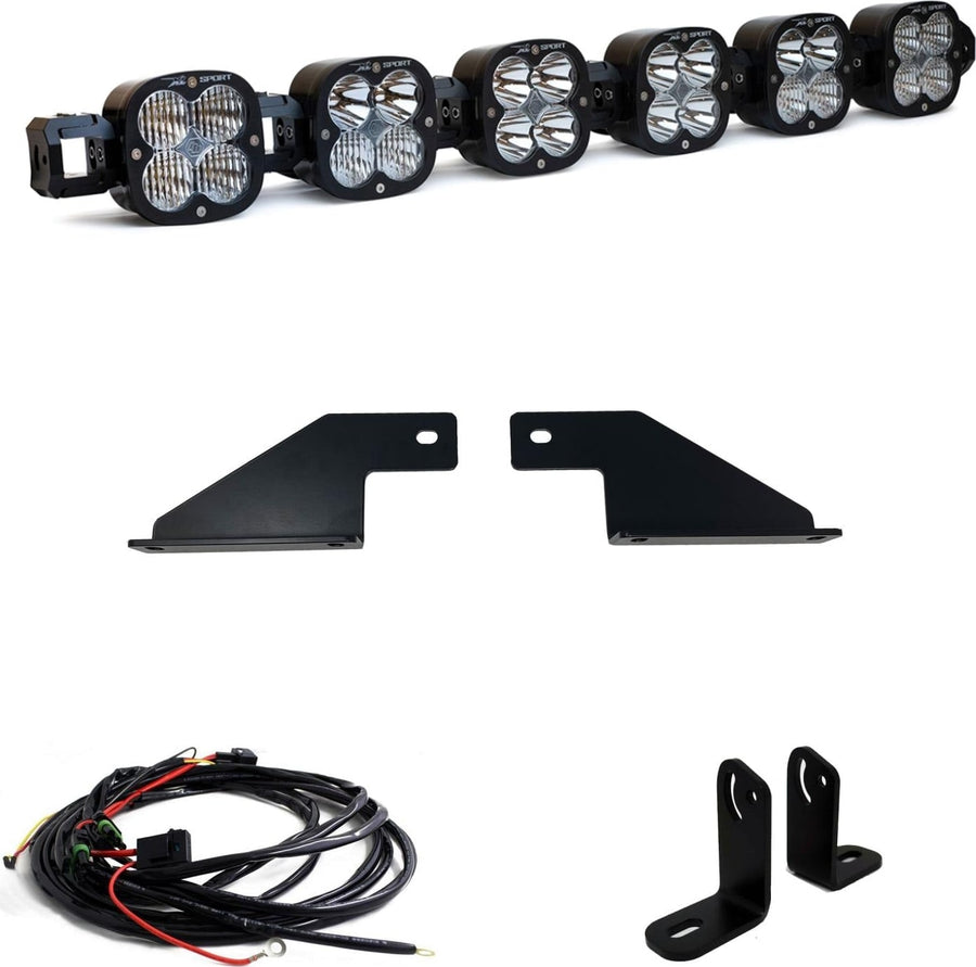 Bumper Light Kits by Baja Designs: A six-pod XL Linkable light bar kit on white with two flat bumper brackets, two L-brackets and a relay wiring harness.