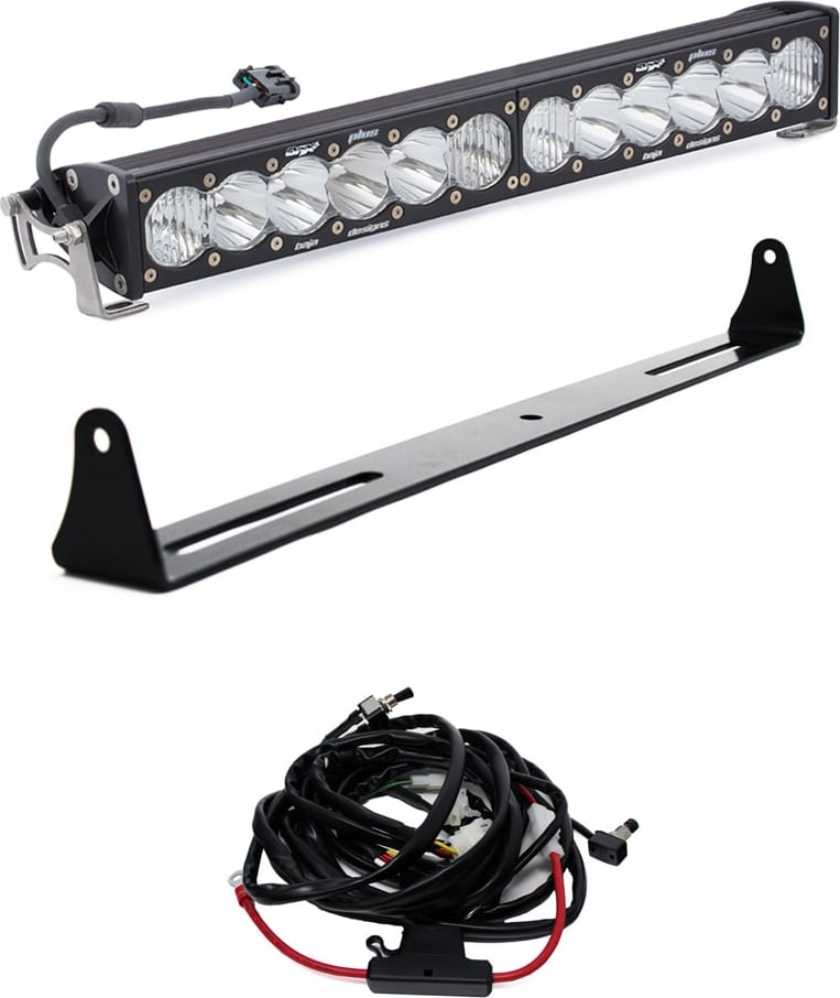Bumper Light Kits by Baja Designs: A 20-inch OnX6+ light bar on white with a full-width bumper mounting bracket and a relay wiring harness.