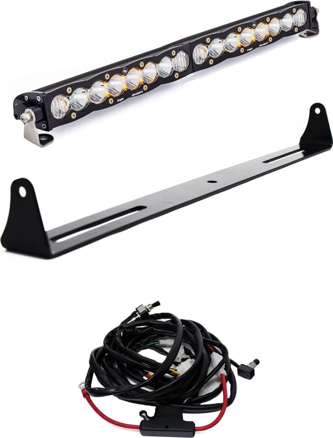 Bumper Light Kits by Baja Designs: A 20-inch S8 light bar on white with a full-width bumper mounting bracket and a relay wiring harness.
