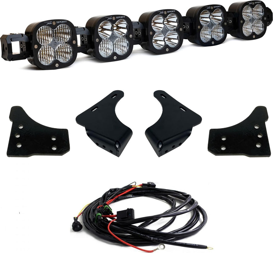 Bumper Light Kits by Baja Designs: A five-pod XL Linkable light bar with four black brackets and a wiring harness on white.