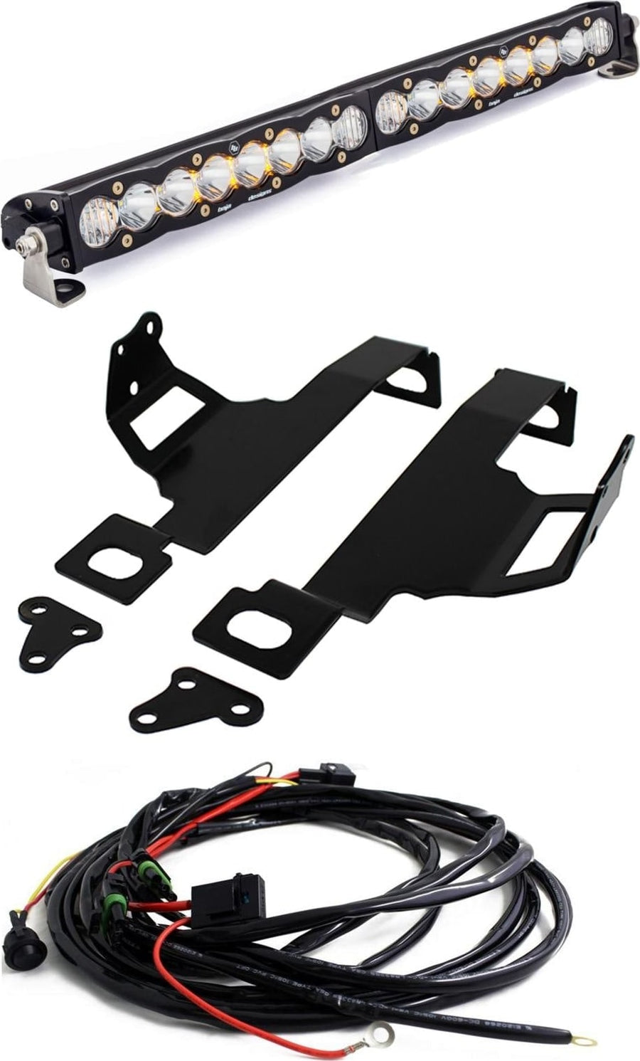 Bumper Light Kits by Baja Designs: An S8 light bar with clear lenses shown with black mounting brackets and a wiring harness on white.