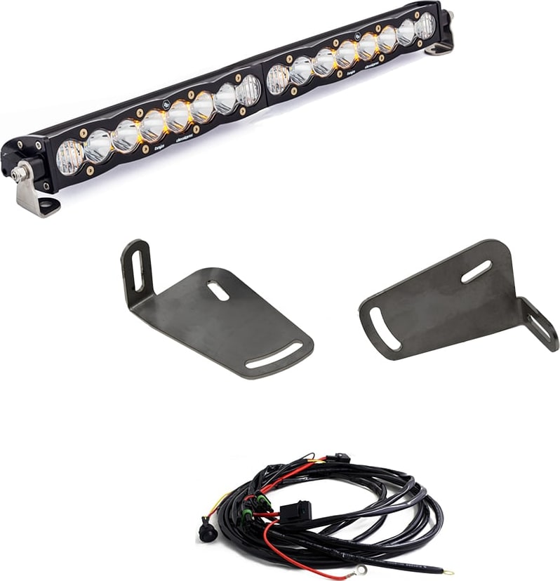 Bumper Light Kits by Baja Designs: An S8 light bar with clear lenses shown with two black mounting brackets and a wiring harness on white.