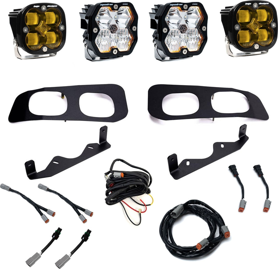 Fog Light Kits by Baja Designs: Dual fog pocket kit with four square pods, two black twin bezels, two brackets and wiring harnesses on white.