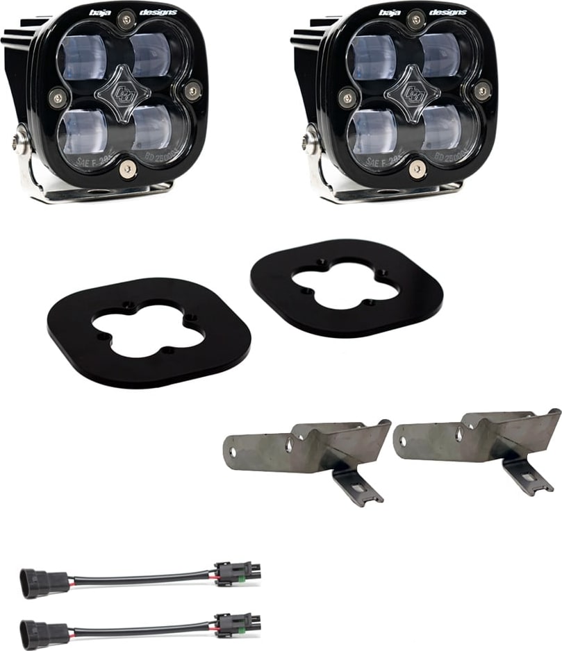Fog Light Kits by Baja Designs: Pair of square Squadron pods with black rubber gaskets, steel brackets and two pigtail harnesses, clear lenses laid out on a white background.