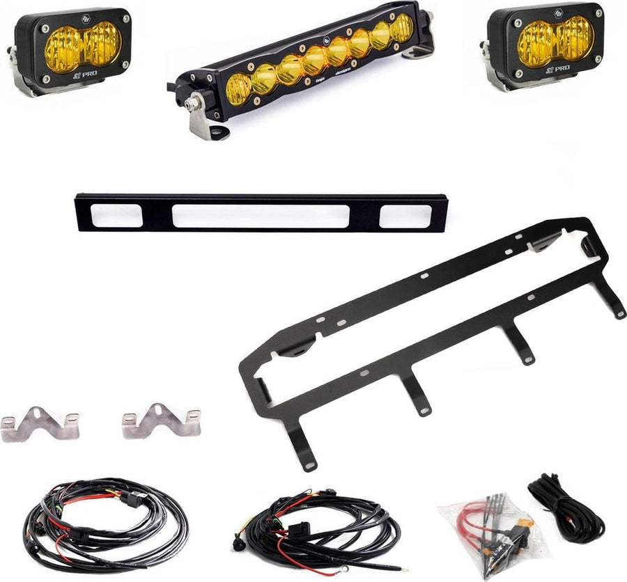Grille Light Kits by Baja Designs: An amber S8 10-inch light bar, two amber S2 Pro pods, black grille brackets, wiring harnesses and hardware laid out on white.