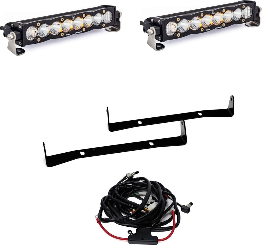 Grille Light Kits by Baja Designs: Two S8 10-inch light bars with two black mounting strips and a wiring harness on white.