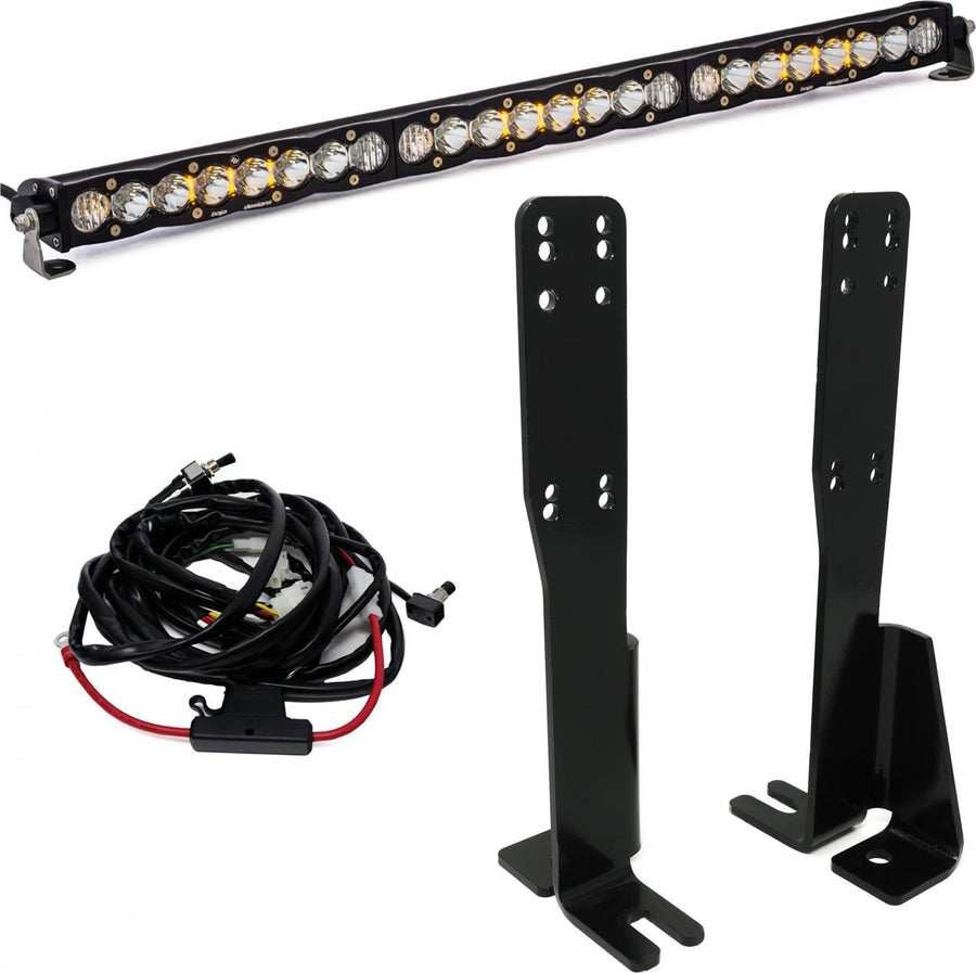 Grille Light Kits by Baja Designs: An S8 30-inch light bar with two tall black mounting brackets and a wiring harness on white.