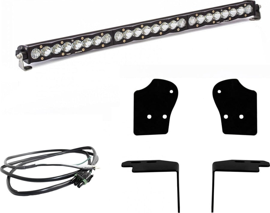 Grille Light Kits by Baja Designs: An S8 30-inch light bar with four black mounting plates and a wiring harness on white.
