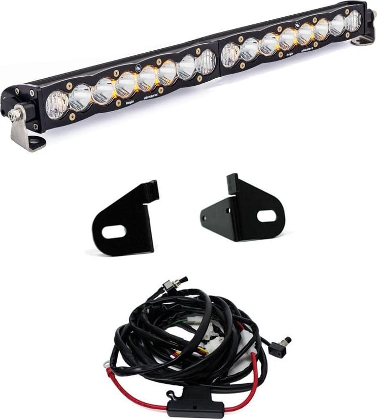 Grille Light Kits by Baja Designs: An S8 20-inch light bar with two small black brackets and a wiring harness on white.
