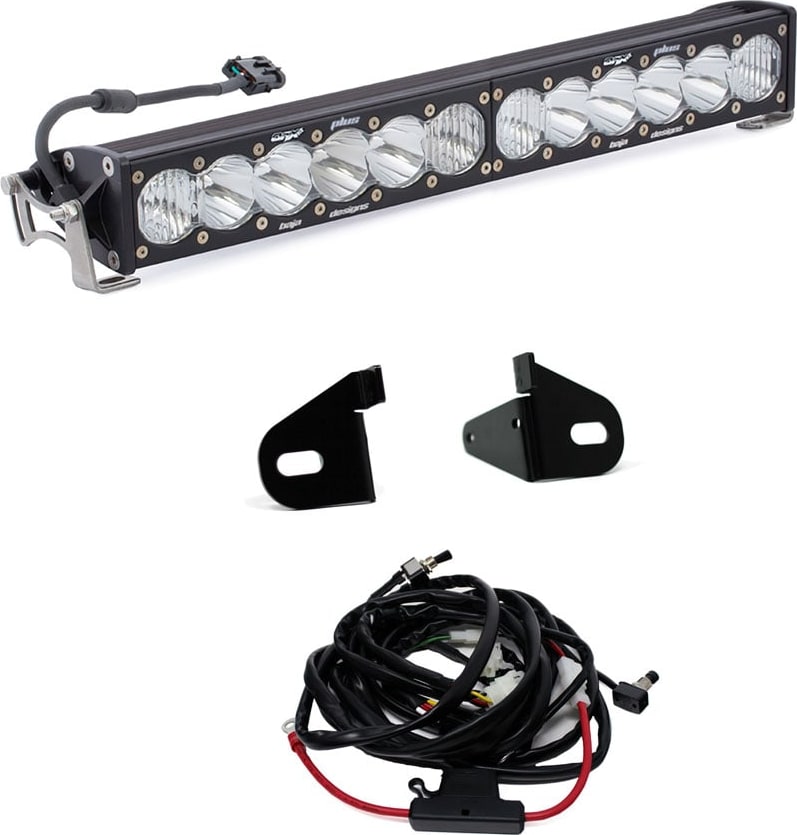 Grille Light Kits by Baja Designs: An OnX6+ 20-inch light bar with two small black brackets and a wiring harness on white.