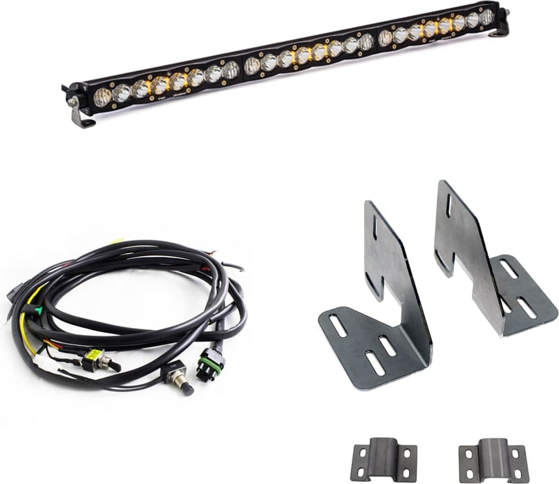 Grille Light Kits by Baja Designs: An S8 30-inch light bar with wiring harnesses and gray steel mounting brackets on white.