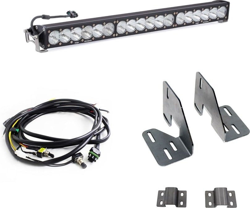 Grille Light Kits by Baja Designs: An OnX6+ 30-inch light bar with a wiring harness and gray steel mounting brackets on white.