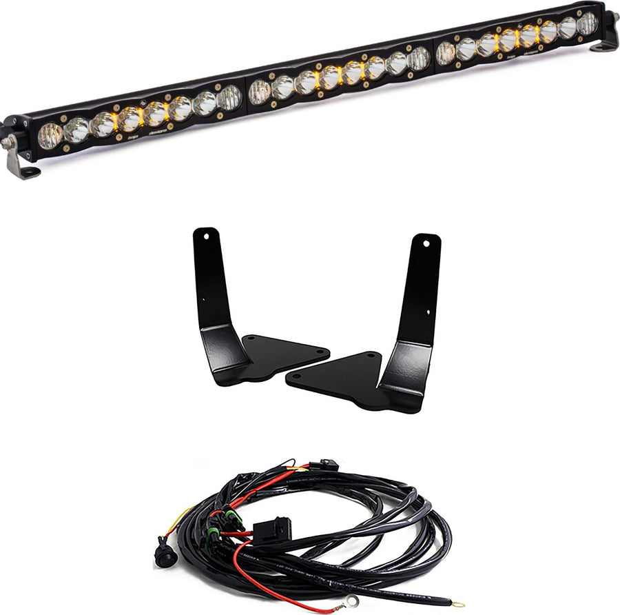 Grille Light Kits by Baja Designs: A 30-inch S8 LED light bar with clear lenses, two black mounting brackets and a wiring harness on white.