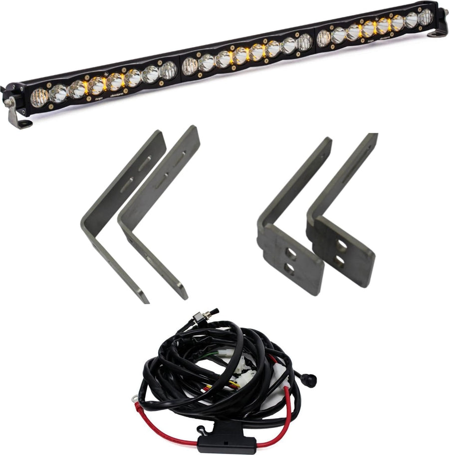 Grille Light Kits by Baja Designs: A 30-inch S8 LED light bar with clear lenses, four gray angle brackets and a wiring harness on white.