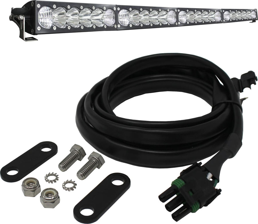 Grille Light Kits by Baja Designs: A 40 inch OnX6+ LED light bar shown with its coiled wiring harness, mounting tabs and hardware on white.
