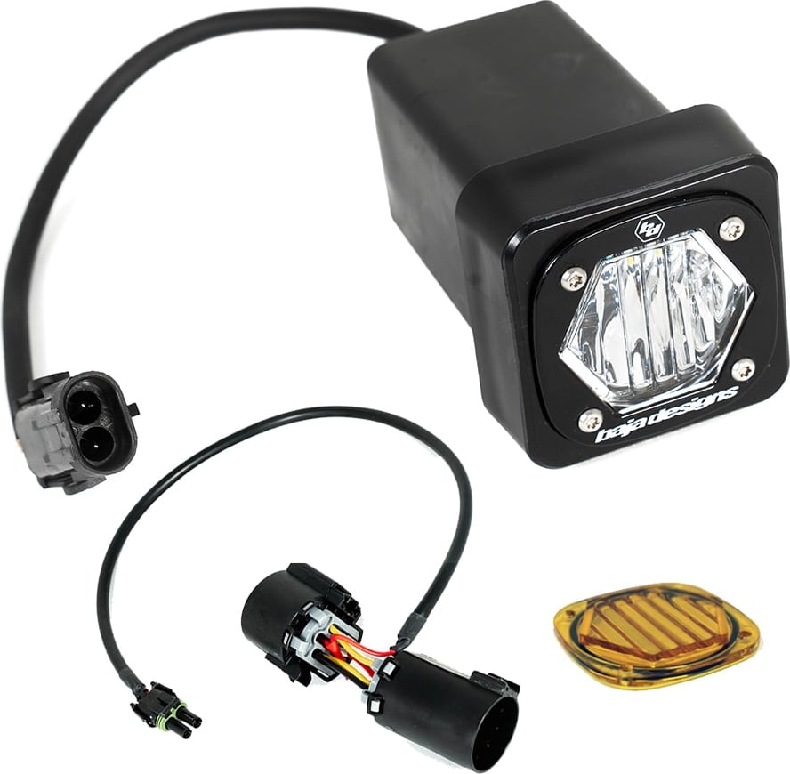 Rear & Utility Lights by Baja Designs: An S1 LED pod in a black hitch receiver housing with a plug adapter lead and an amber lens cover on white.