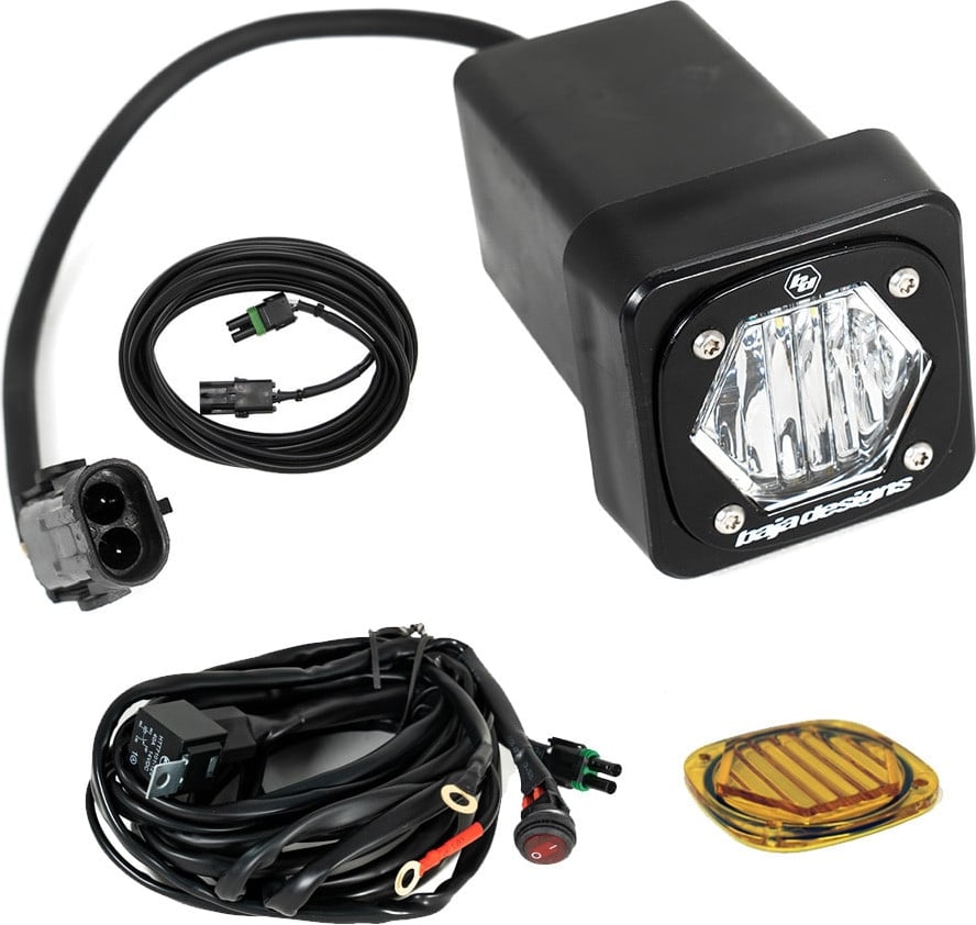 Rear & Utility Lights by Baja Designs: An S1 hitch light kit with receiver housing, switched harness, extension lead and amber lens cover on white.
