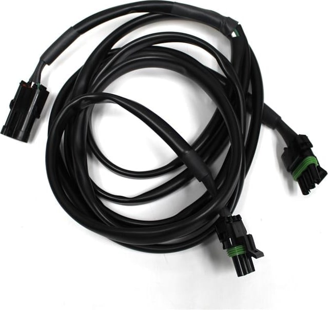 Wiring Harnesses by Baja Designs: A coiled long black splitter cable with a multi-pin connector and two weatherproof connectors.