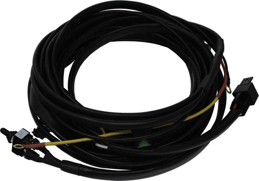 Wiring Harnesses by Baja Designs: Coiled black two-light harness with switch, yellow lead and connectors on white.