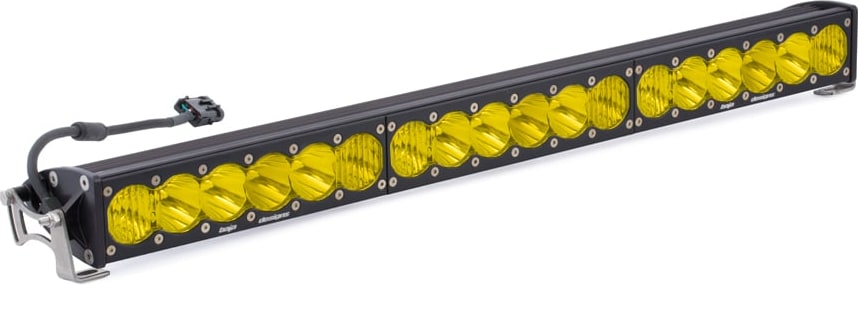 LED Light Bars by Baja Designs: Straight LED light bar with amber lenses and end mounting brackets on white.