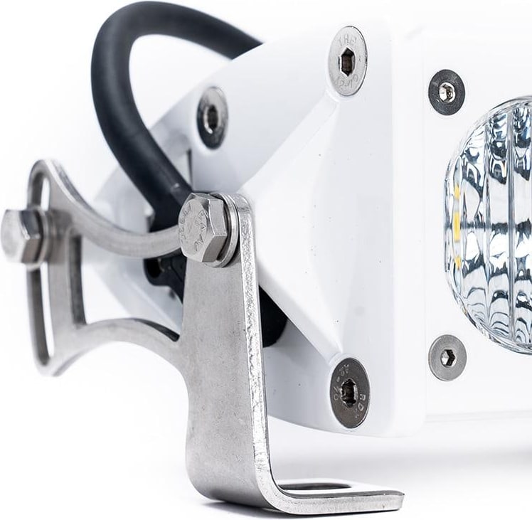 LED Light Bars by Baja Designs: Close view of the stainless steel end bracket and wiring harness on a white LED light bar.