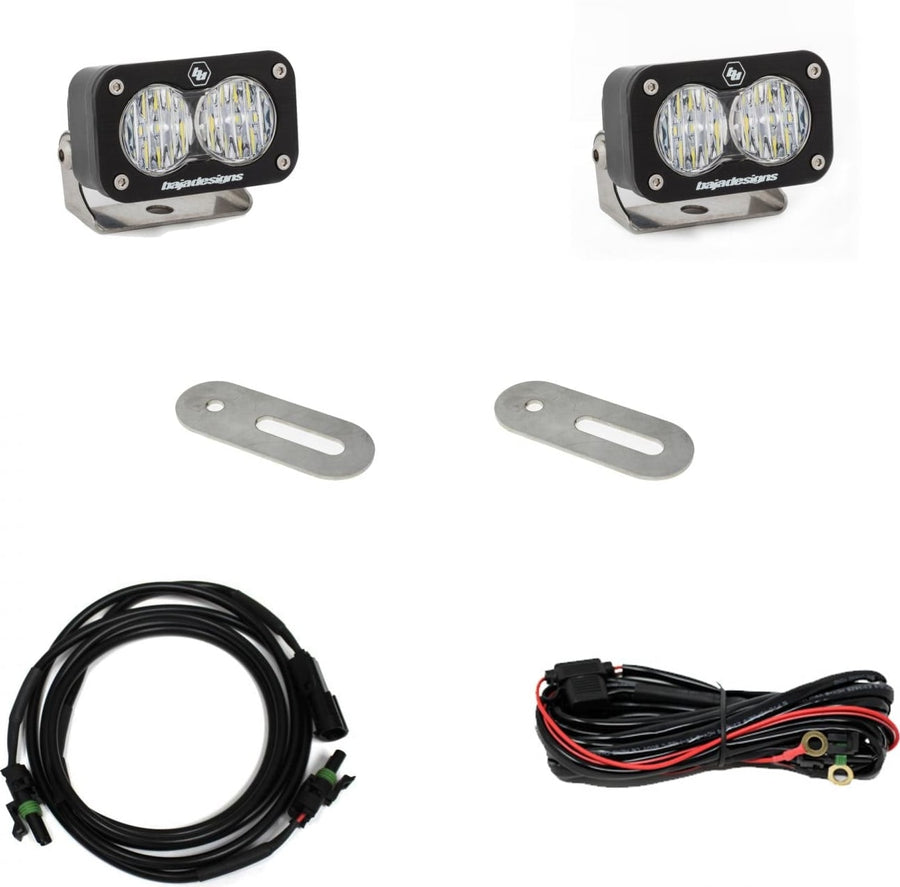 Reverse Light Kits by Baja Designs: Pair of S2 Sport LED pods with two slotted mounting tabs, an extension cable and a relay harness on white.