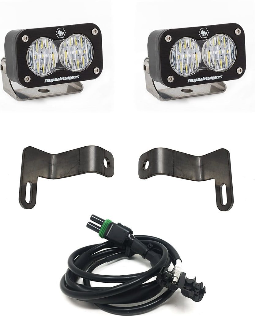 Reverse Light Kits by Baja Designs: Pair of S2 Sport LED pods with two bent steel brackets and a connector cable on white.
